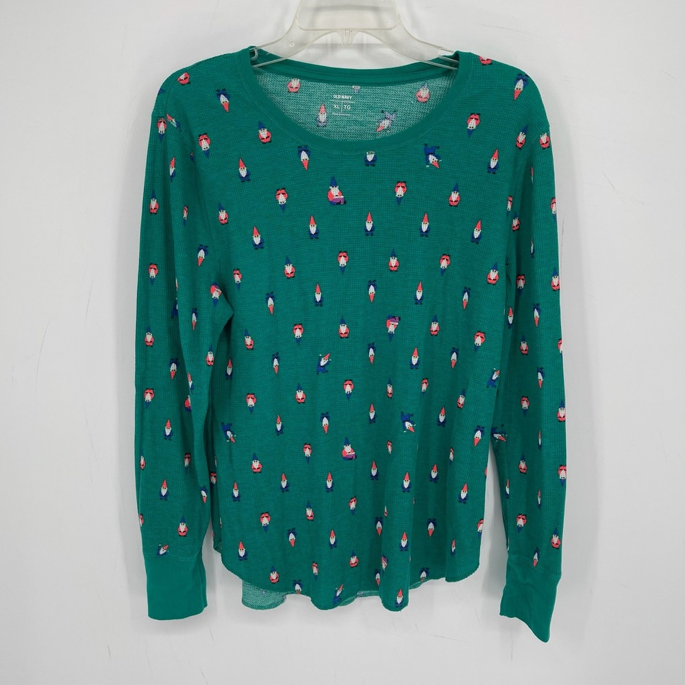 Old Navy Women's Green Gnome Print Waffle Knit Long Sleeve Thermal Top Size XL